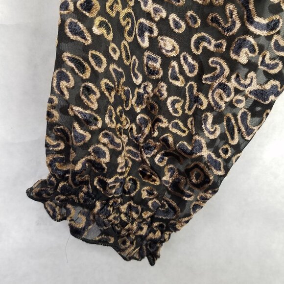 Vintage Havana Ruffle Blouse Women's M Velvet Burnout Sheer Leopard Smocked Back - Picture 4 of 16